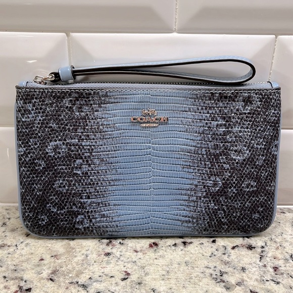 Coach Handbags - Coach Smake Embossed Blue Large Zip Wristlet NWOT